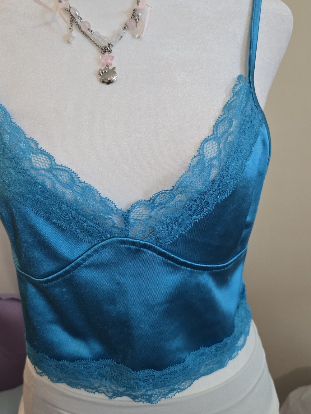 Wet Seal Vintage Y2K Teal Satin Lace Trim Crop Top Underwire Cami L
